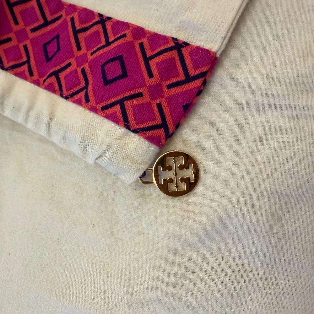 Tory Burch Cream Cotton‎ Canvas Dust Bag Pink Purple Trim Gold Logo Medallion